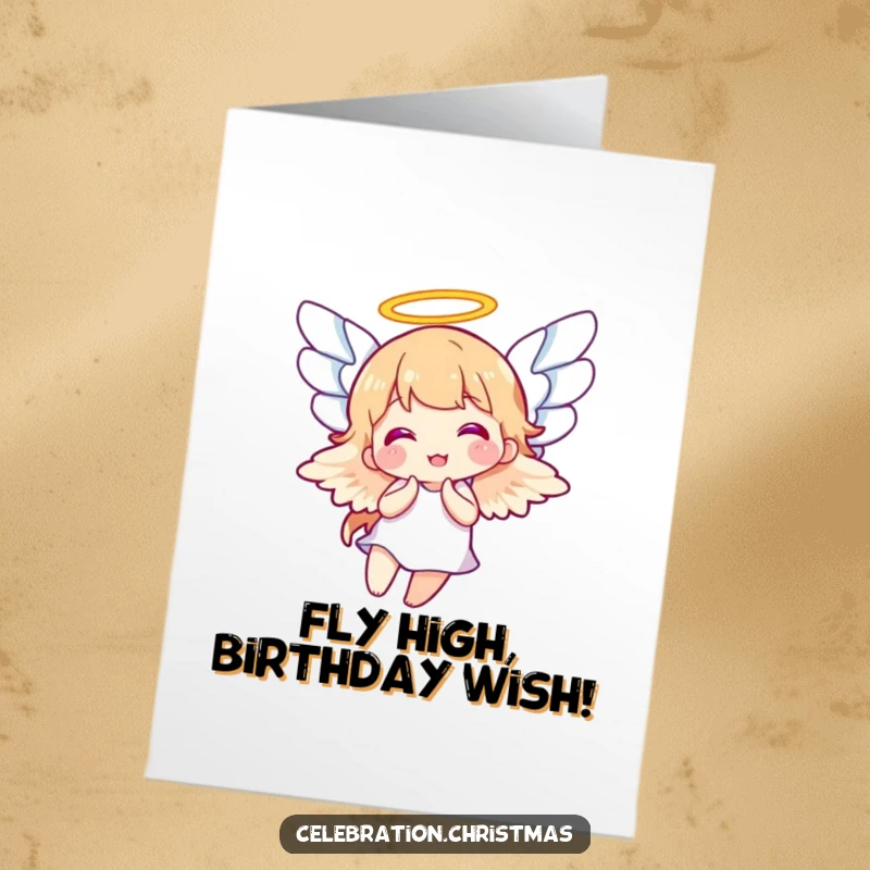 Funny Free Printable Angel Birthday Card: Joyful angel with large wings flapping enthusiastically, spreading birthday cheer. A divine downloadable greeting.