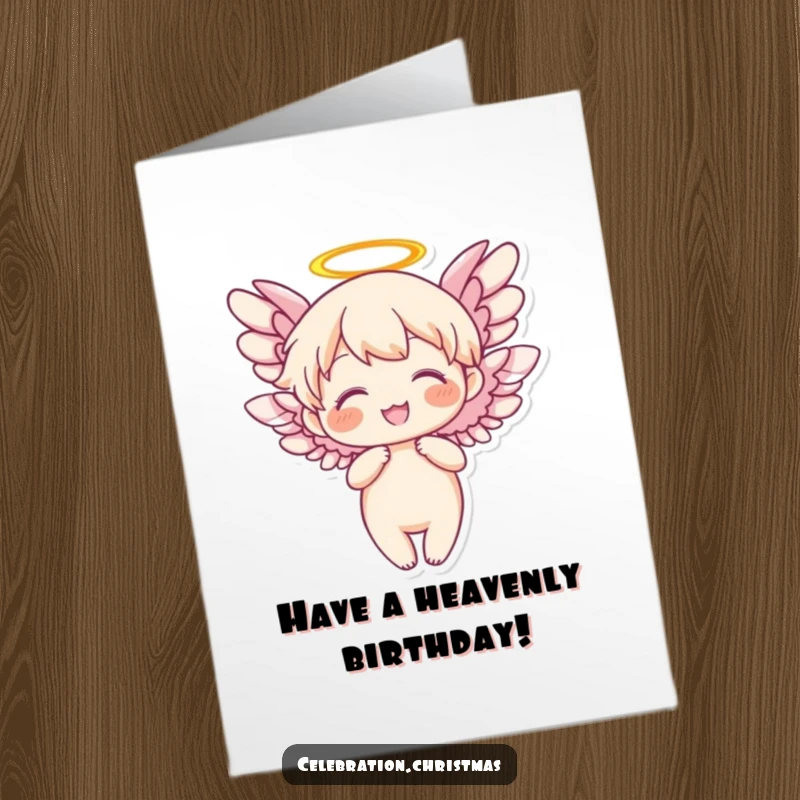 Free Printable Birthday Card: An angel character with wings flapping joyfully, radiating happiness.