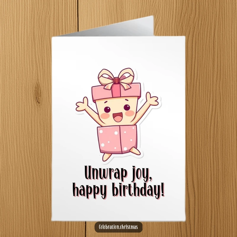 Funny free printable birthday card: Gift box character with askew ribbon, jumping with uncontrollable excitement.