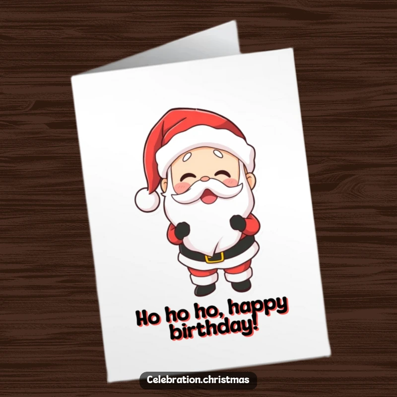 Funny Free Printable Birthday Card: Santa Claus laughs heartily with his belly shaking, radiating pure joy and holiday spirit.