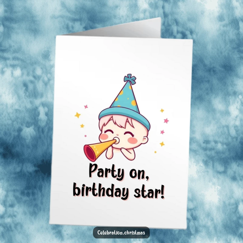 Funny Free Printable Birthday Card: A character in a festive hat blasts a party horn with joy and downloadable celebration.