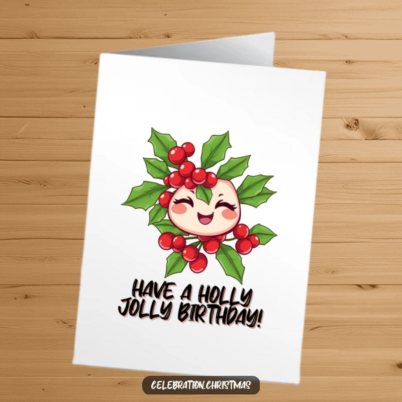 Funny Free Printable Birthday Card: A playful holly branch with berries winking mischievously.