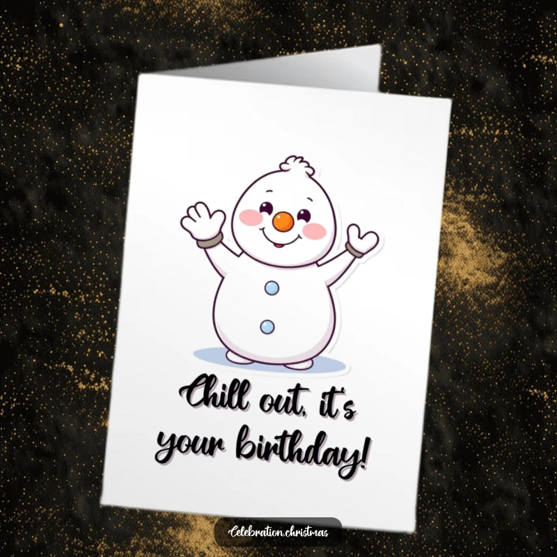 Funny Free Printable Birthday Card: Enthusiastic snowman with a carrot nose waving hello, perfect for a cheerful DIY gift.