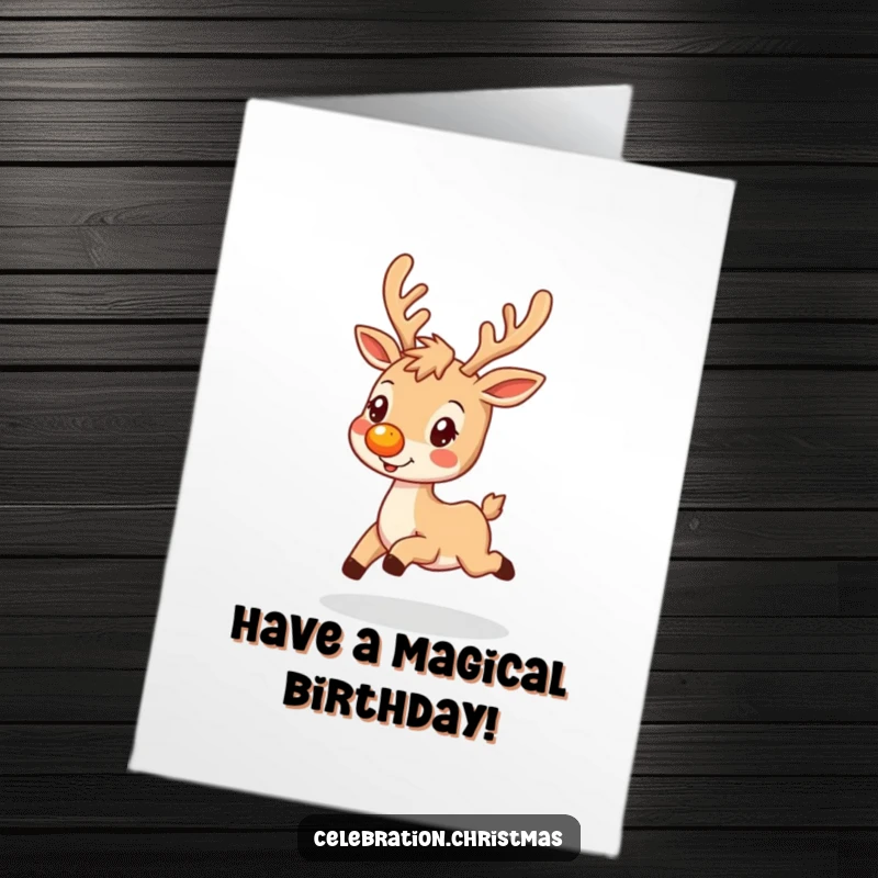Funny Free Printable Birthday Card: A happy reindeer with a glowing nose prancing joyfully, ideal for a DIY downloadable gift.