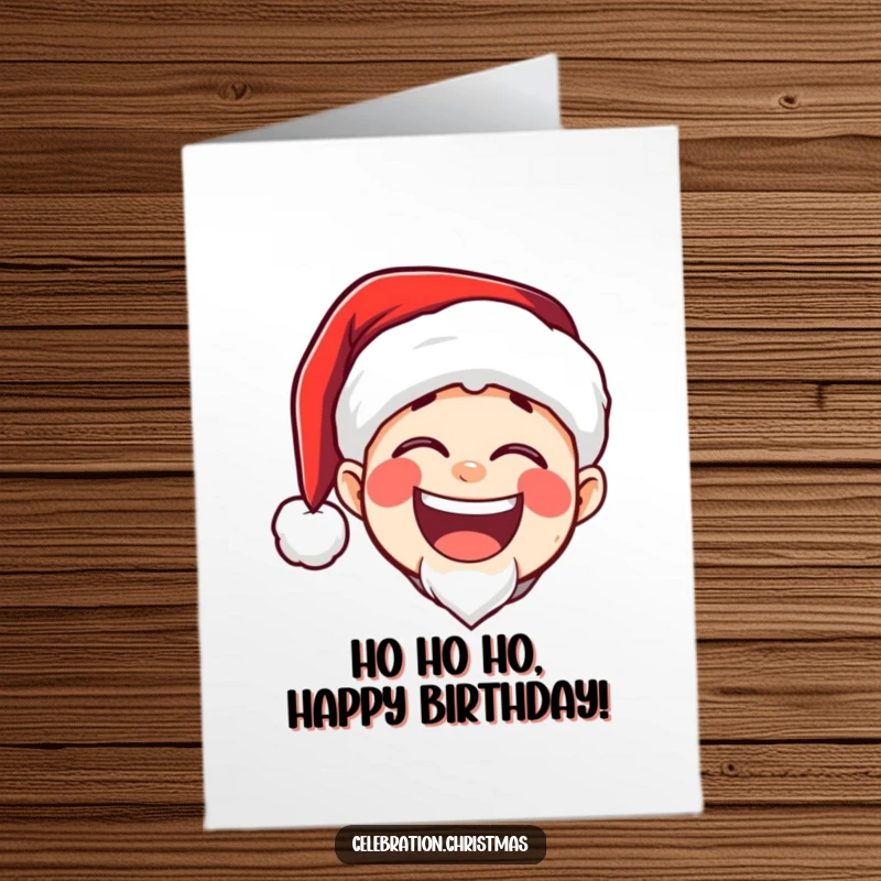 Funny free printable birthday card: Jolly Santa character in a hat, mouth wide open in a hearty, booming laugh.