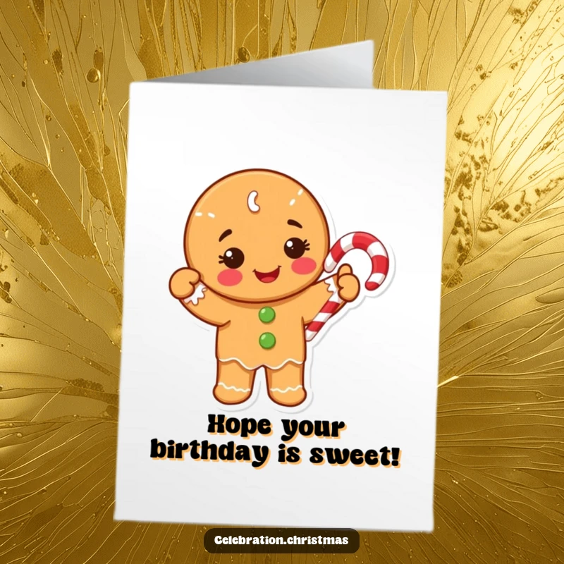 Free Printable Birthday Card featuring a happy gingerbread cookie character waving a colorful candy cane with a big smile.