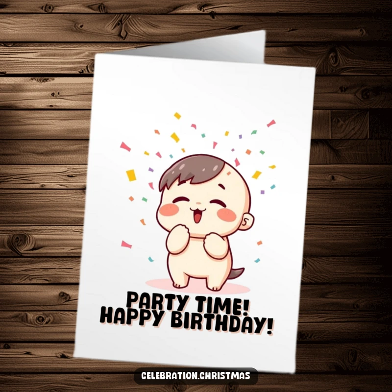 Funny Free Printable Birthday Card: Kawaii character enthusiastically blowing colorful confetti into the air, celebrating big.