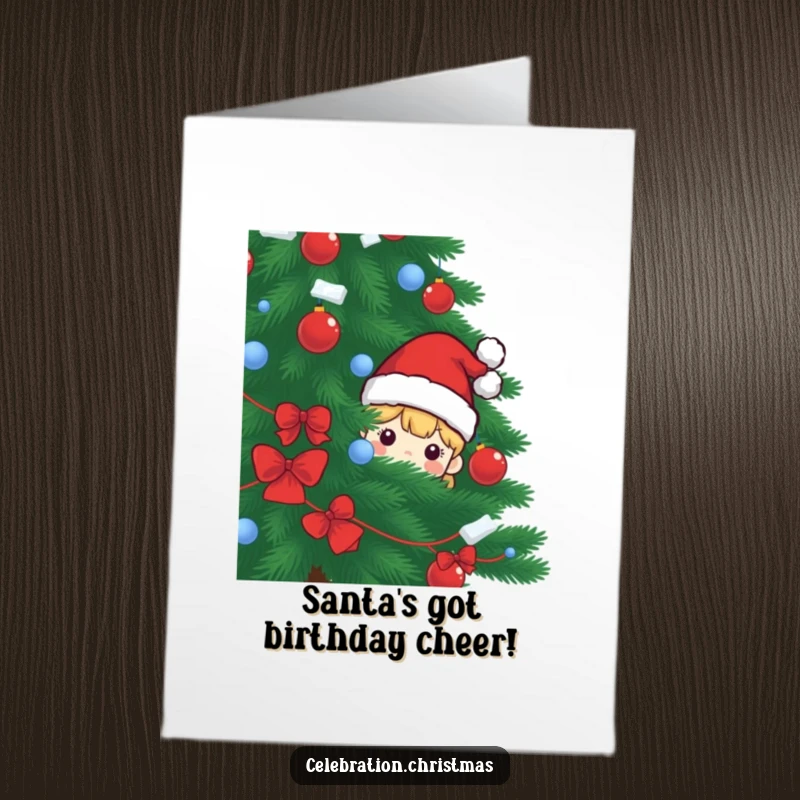 Funny Free Printable Birthday Card: Santa hat character peeking cheekily from behind a huge Christmas tree.