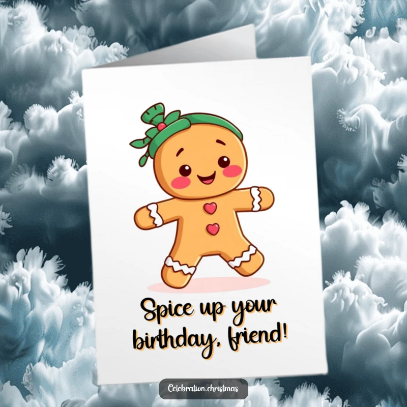 Funny Free Printable Birthday Card: A cheerful gingerbread person doing a merry jig, perfect for a festive DIY downloadable gift.