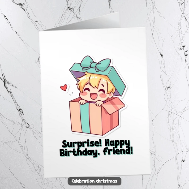 Funny Free Printable Gift Box Birthday Card: A cheerful gift box character bursts open, revealing a delightful birthday surprise inside.