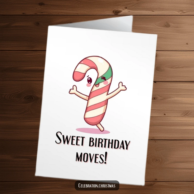 Funny Free Printable Birthday Card: A cheerful candy cane enthusiastically doing a little dance.