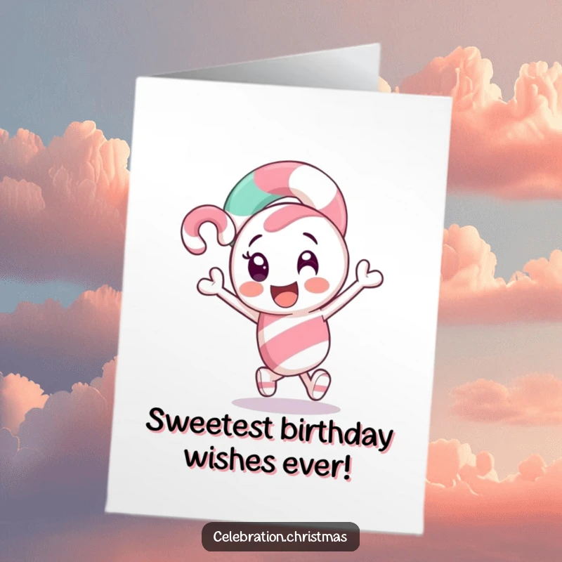 Funny Free Printable Birthday Card: Candy cane character excitedly leading the way, guiding to fun, downloadable gift.