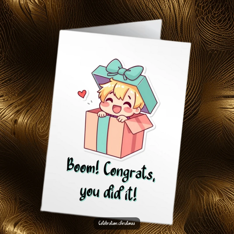 Funny Free Printable Gift Box Congratulations Card: A gift box character joyfully springs open, announcing wonderful news and congratulations.