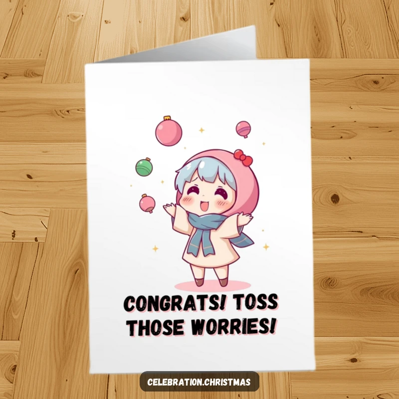 Funny Free Printable Congratulations Card: Playful kawaii character tossing sparkly ornaments in the air, celebrating success with abandon.