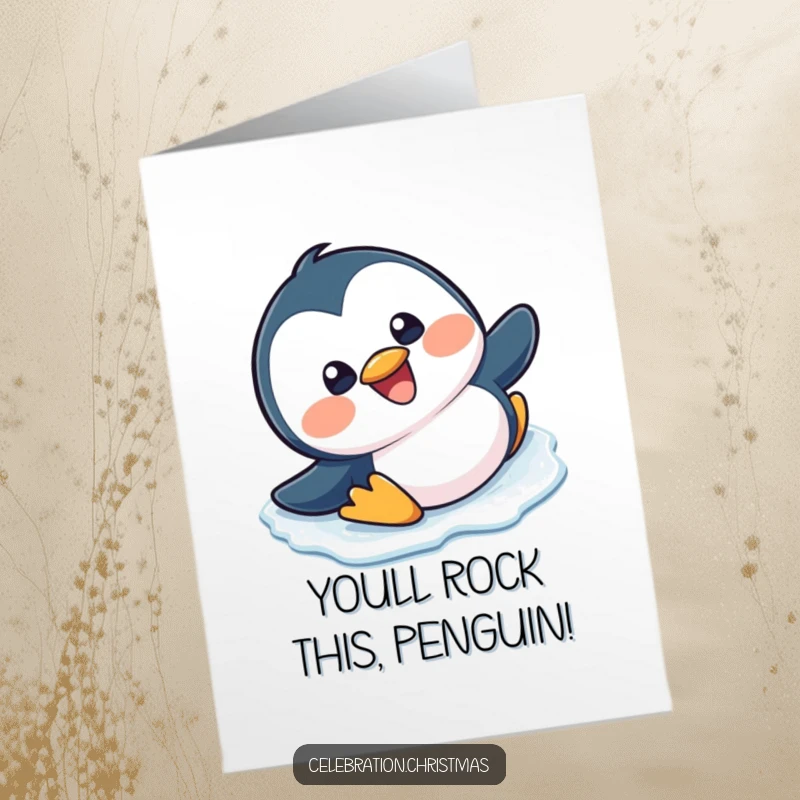 Funny Free Printable Congratulations Card: Kawaii penguin slipping and sliding on ice with a big grin, celebrating success.