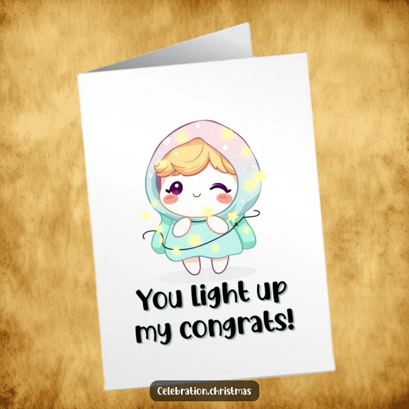 Funny Free Printable Congratulations Card: Cute kawaii character beaming while wrapped in enchanting fairy lights, celebrating achievement.