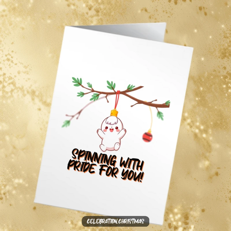 Free Printable Congratulations Card featuring a joyful ornament character spinning gleefully from a decorated holiday branch.