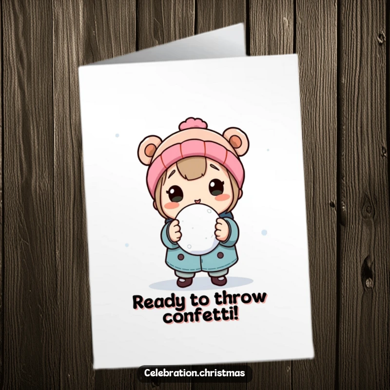 Funny Free Printable Snowball Congratulations Card: A character poised to throw a snowball celebrates a successful achievement with gusto.