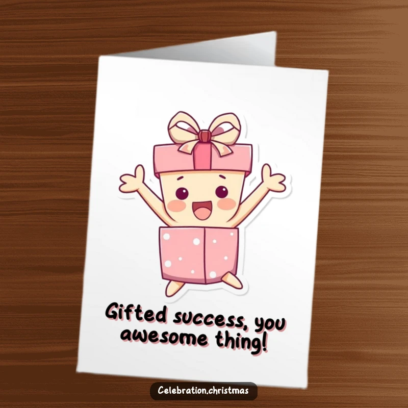 Funny free printable congratulations card: Gift box character, ribbon tilted, leaping high with sheer excitement.