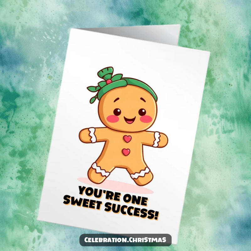 Funny Free Printable Congratulations Card: A happy gingerbread person performing a merry jig, ideal for a downloadable DIY gift.