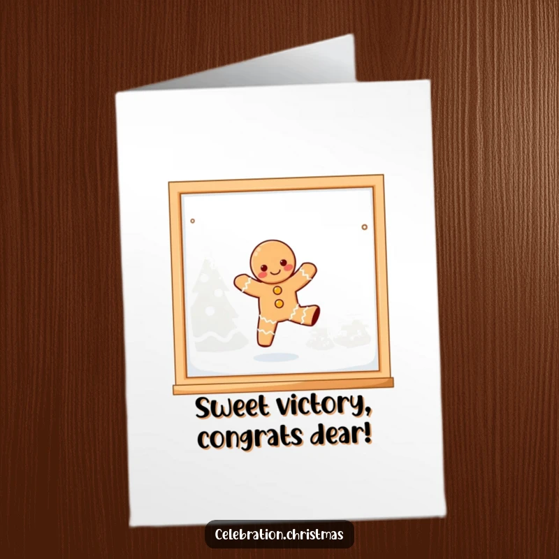Funny Free Printable Congratulations Card: Kawaii gingerbread person playfully dancing on a frosted window pane to celebrate news.