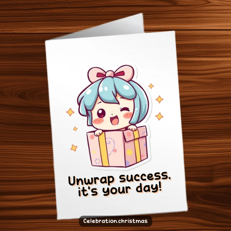 Funny Free Printable Congratulations Card: A present character bursting open with a happy, wiggling surprise.