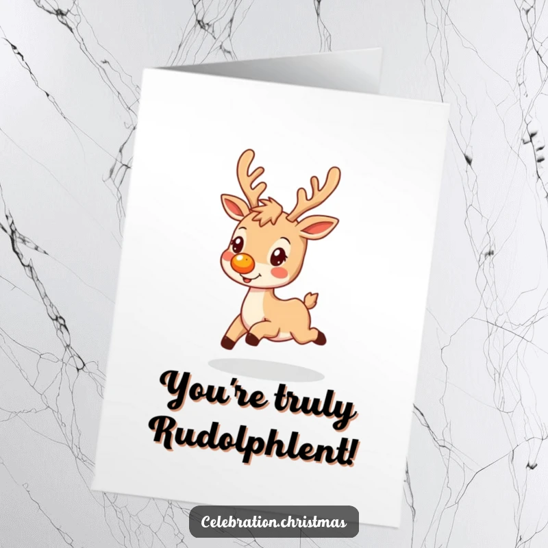 Funny Free Printable Congratulations Card: A cheerful reindeer with a glowing nose prancing happily, perfect for a DIY downloadable gift.
