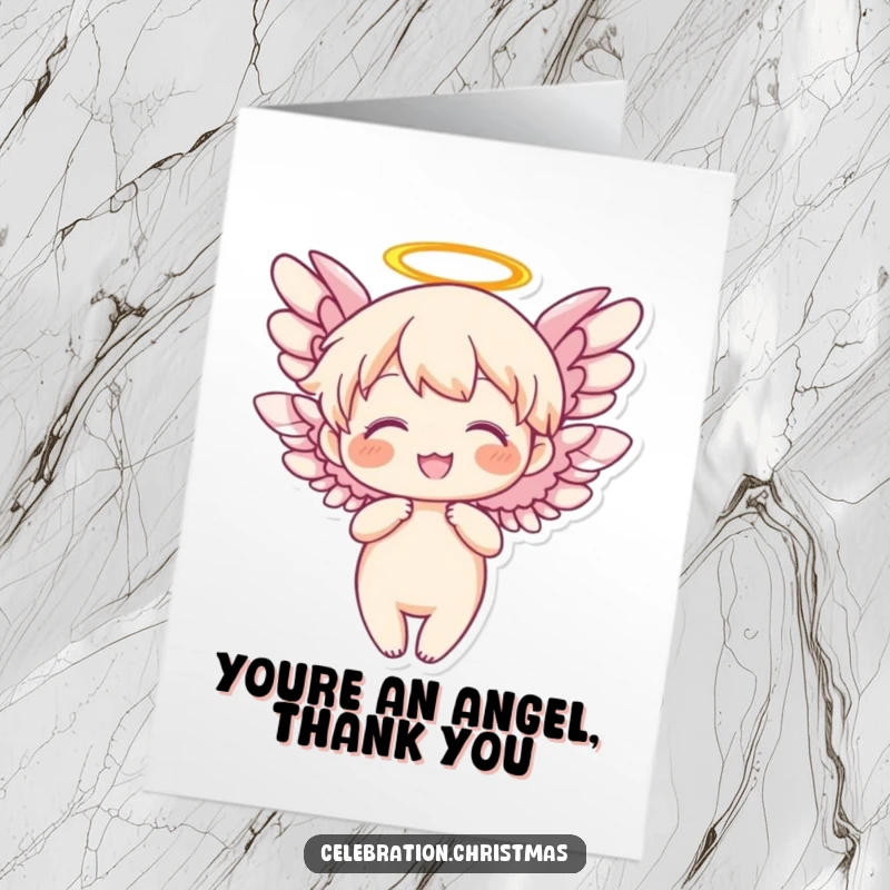 Free Printable Thank You Card: An angel energetically flapping its wings in a joyous display.