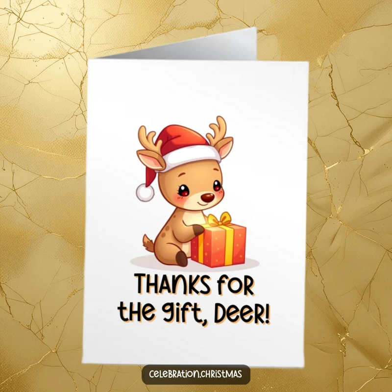 Free Printable Deer Thank You Card: A cute deer dressed as Santa gleefully unwraps a glowing gift, saying thanks.