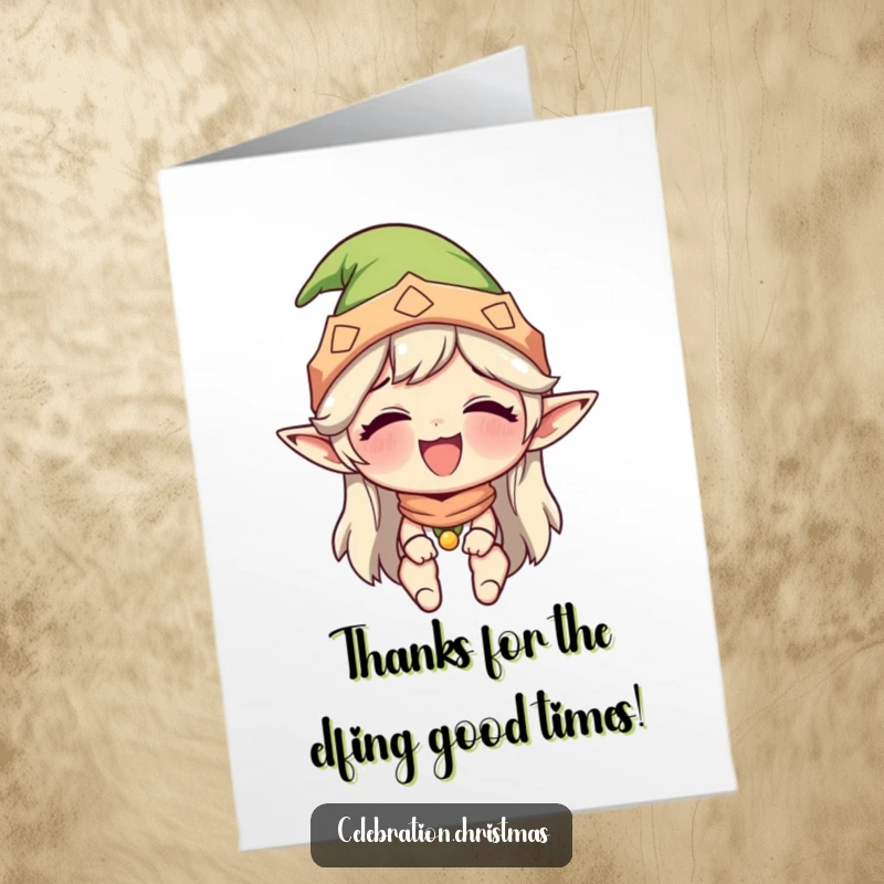 Funny Free Printable Elf Thank You Card: A cheerful elf in a hat is overcome with laughter, perfect for expressing thanks.