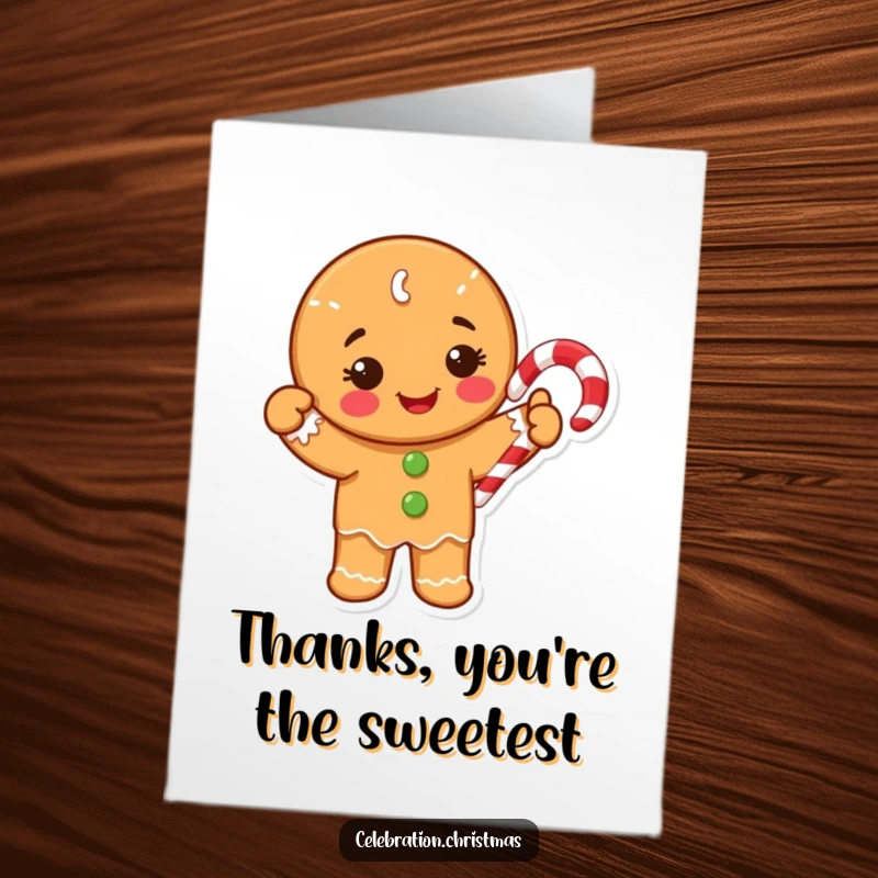 Free Printable Thank You Card with a smiling gingerbread cookie character happily waving a red and white candy cane.