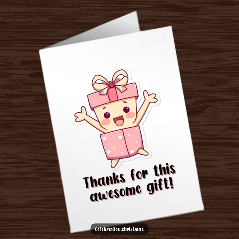 Funny free printable thank you card: Gift box character, ribbon askew, joyfully jumping with anticipation.