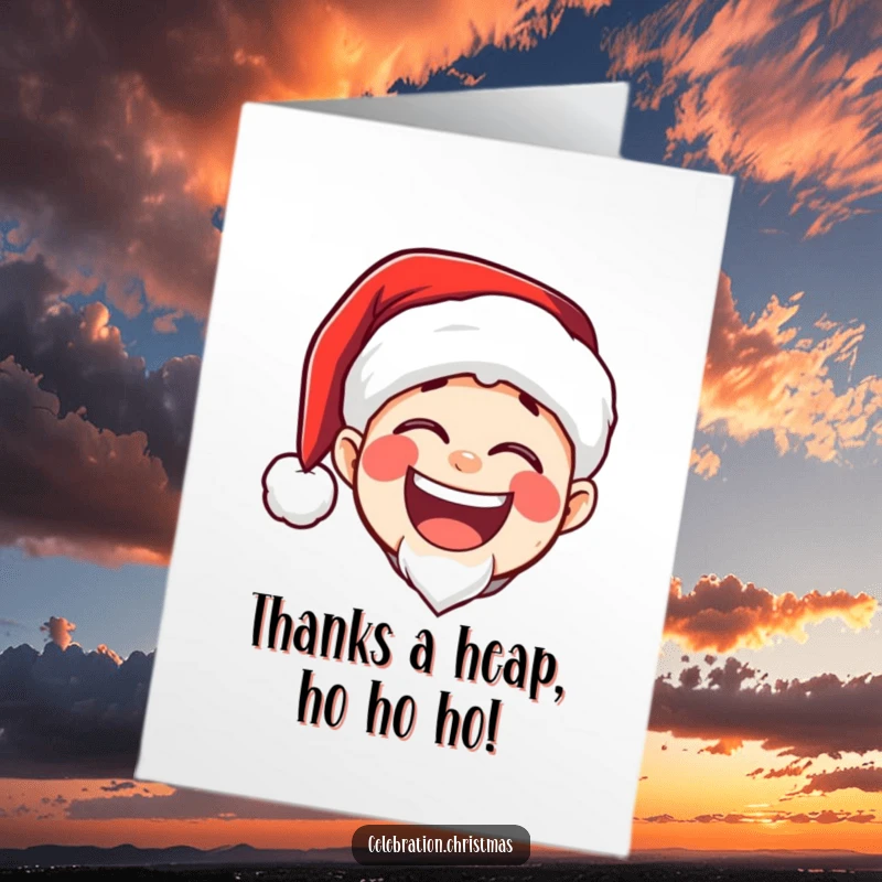 Funny free printable thank you card: Santa character with a hat, eyes crinkled, laughing heartily with a booming sound.