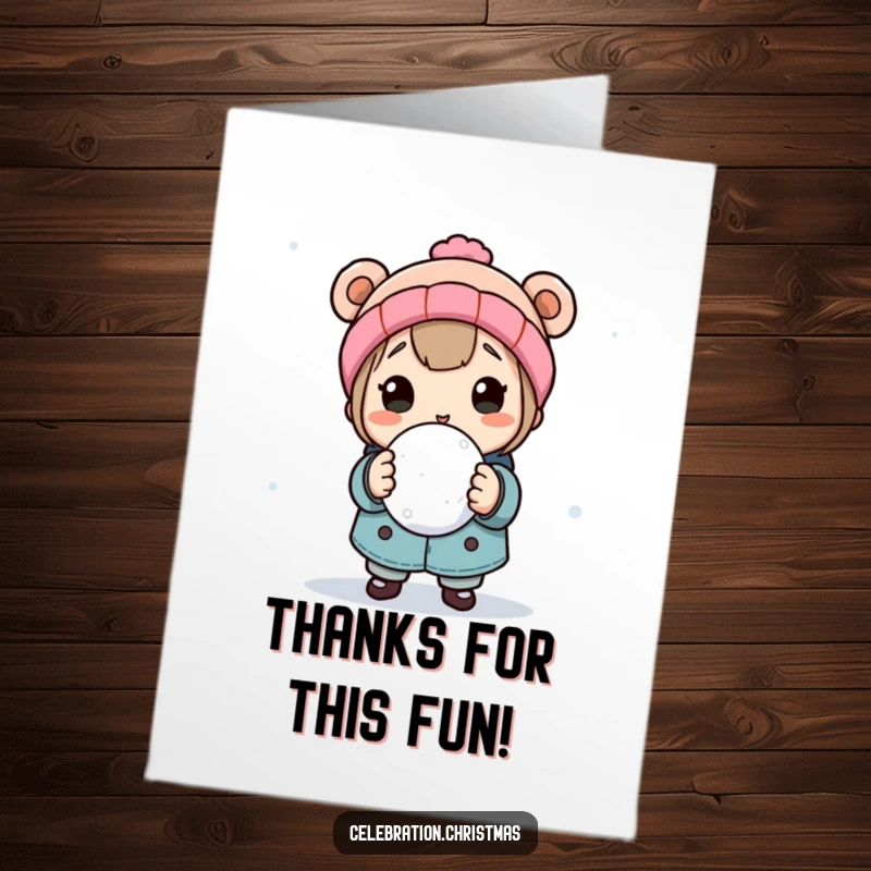 Funny Free Printable Snowball Thank You Card: A character ready to throw a snowball offers a playful and unique thank you.