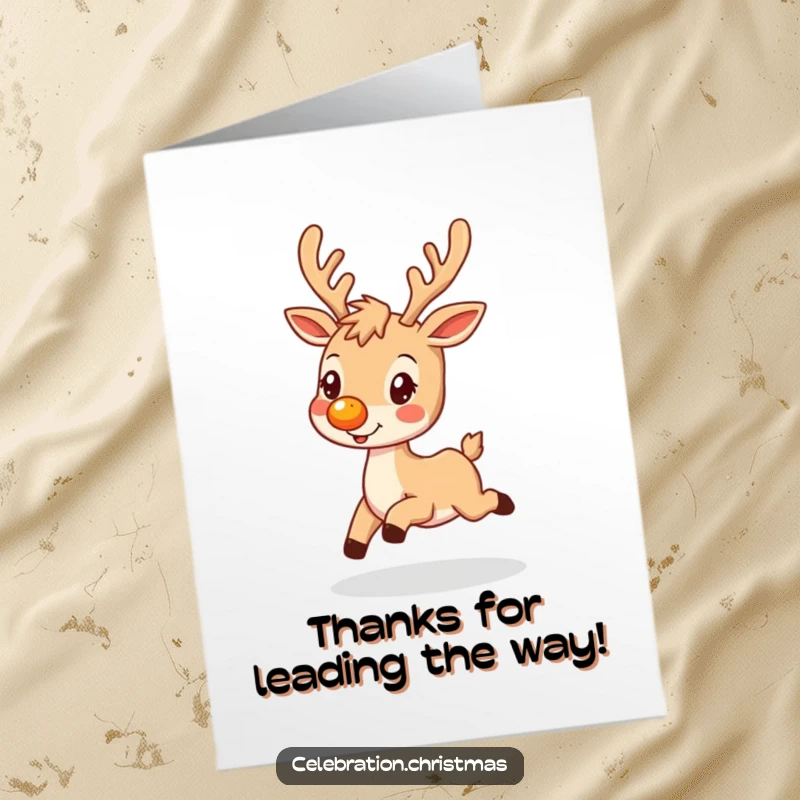 Funny Free Printable Thank You Card: A happy reindeer with a glowing nose prancing with thanks, great for a downloadable DIY gift.