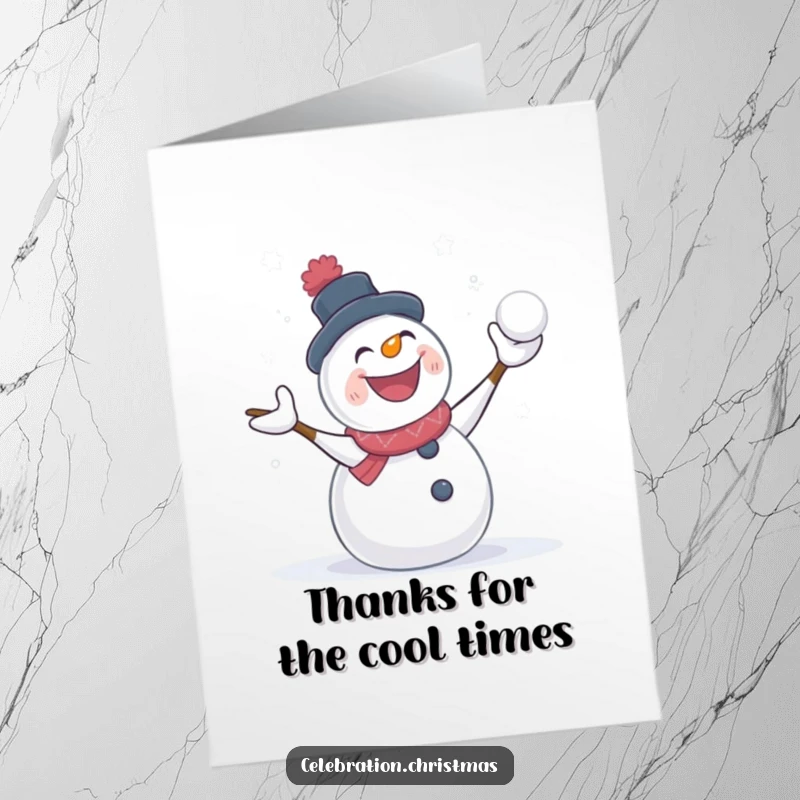 Funny free printable thank you card: a snowman gleefully participating in a snowball fight, perfect for a fun thank you.