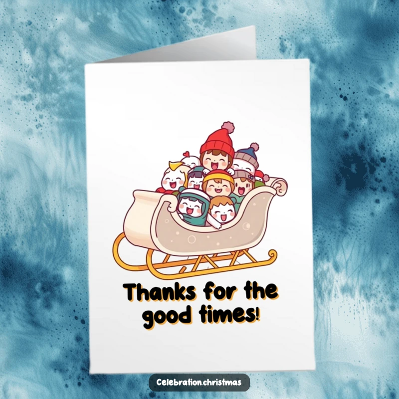 Funny Free Printable Sleigh Thank You Card: A sleigh piled high with laughing characters offers a joyful and heartfelt thank you.