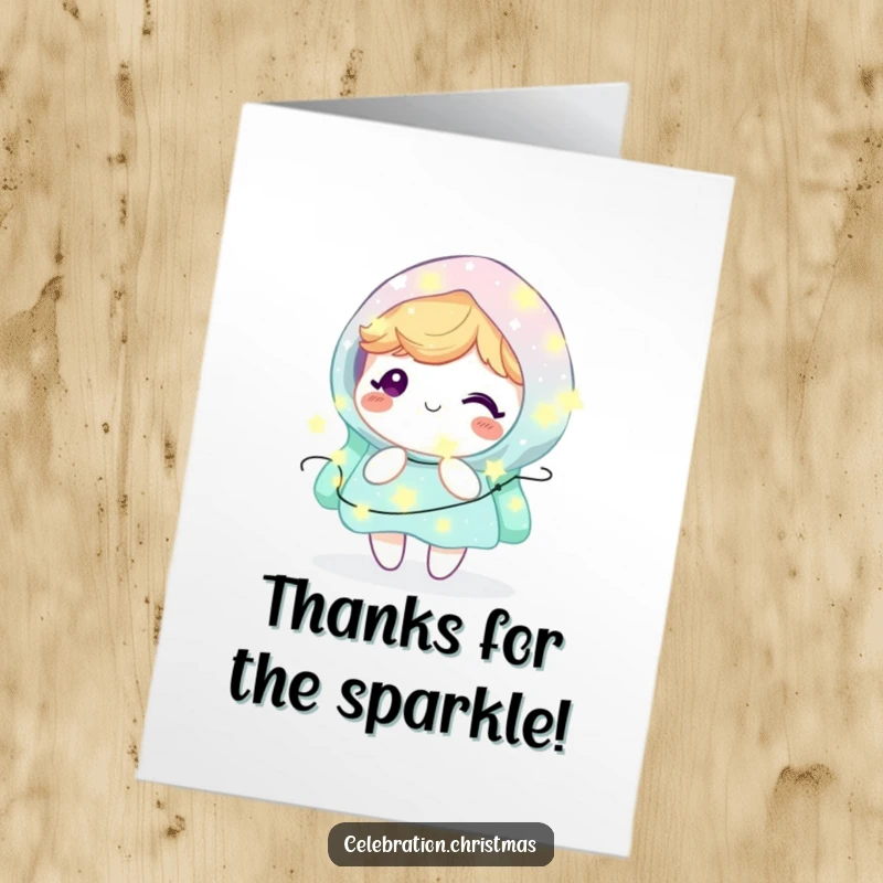 Funny Free Printable Thank You Card: Delightful kawaii character wrapped in magical fairy lights, sending heartfelt thanks.