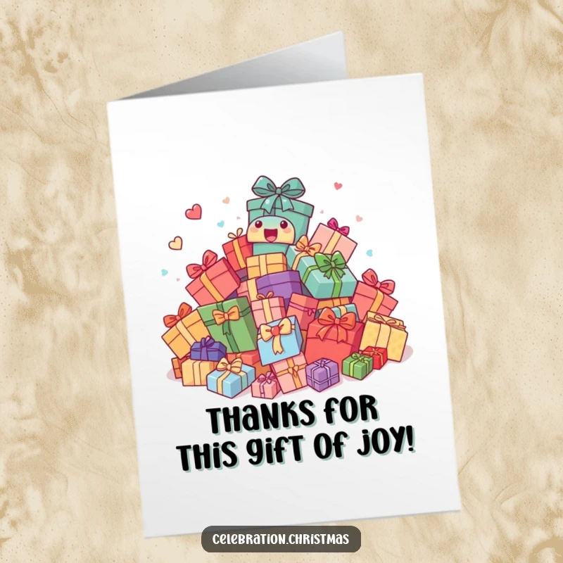 Funny Free Printable Thank You Card: Presents comically bouncing with excitement, a unique way to express thanks.