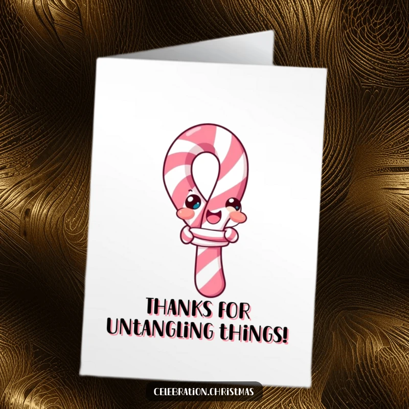 Funny Free Printable Candy Cane Thank You Card: A candy cane comically tying itself into a knot, saying thanks.