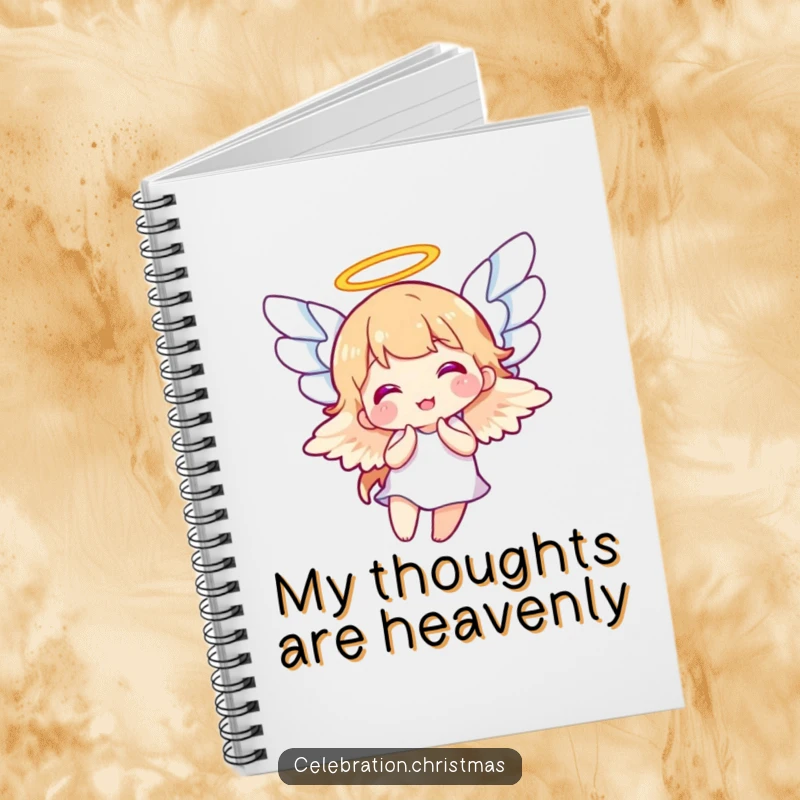 Funny notebook with a joyful angel character flapping its wings, great for writing notes with a touch of celestial humor, funny gift.