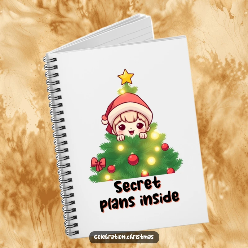 Funny kawaii character peeking from behind a brightly lit Christmas tree, on the cover of a humorous notebook.