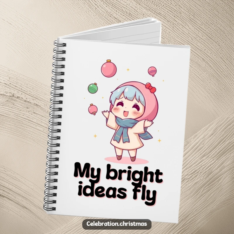 Funny Kawaii Character Notebook: A cute character joyfully throws sparkly ornaments with abandon, perfect for creative note-taking.