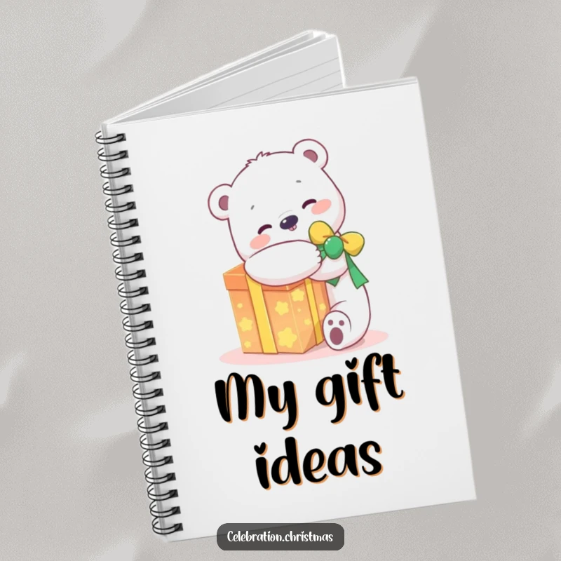 Funny kawaii polar bear notebook featuring a joyful character hugging a glowing present, perfect for jotting down happy thoughts.