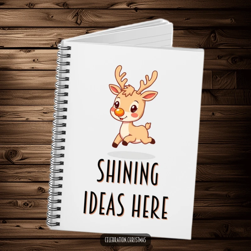 Funny notebook featuring a reindeer with a glowing nose, prancing happily, perfect for jotting down notes or ideas.