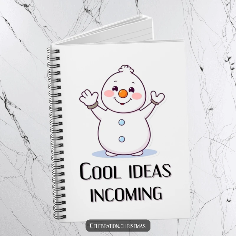 Funny notebook featuring a happy snowman with a carrot nose waving, perfect for jotting down notes or ideas.