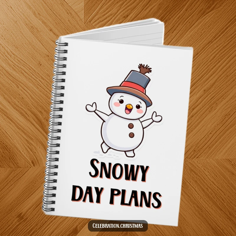 Funny Snowman Notebook featuring a waddling snowman with a tilted hat, perfect for jotting notes with winter whimsy.