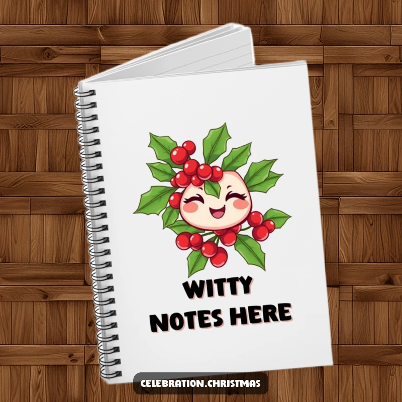 Funny winking holly branch notebook with cheerful berries, ideal for journaling and a great funny gift.