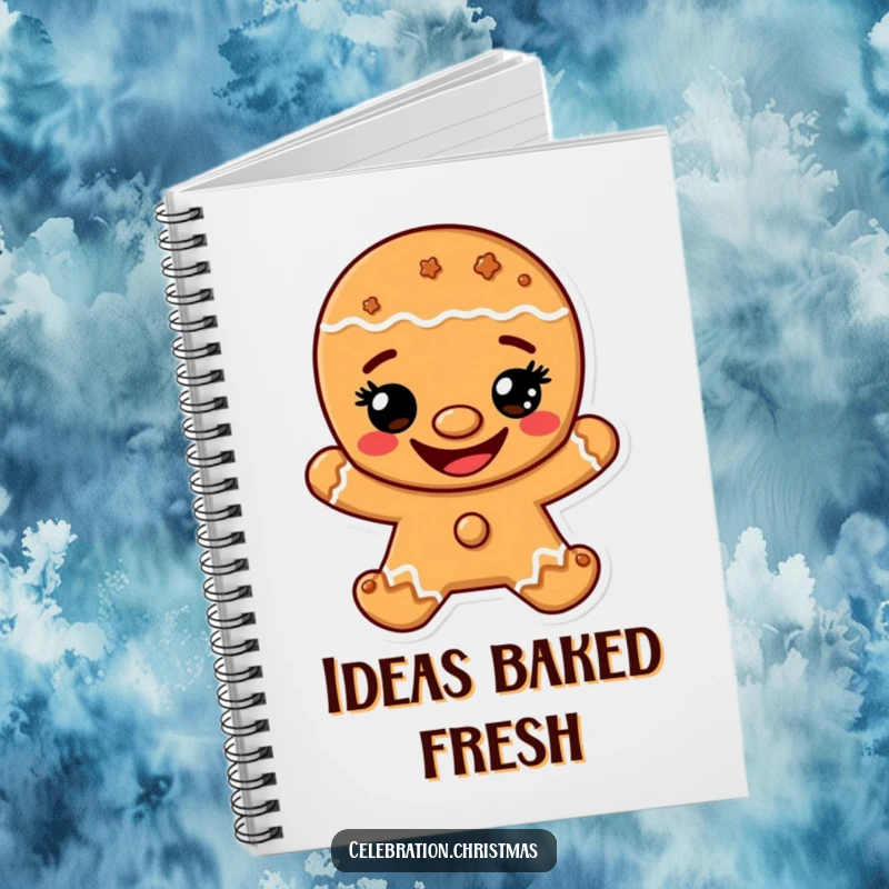 Funny notebook with a gingerbread man character sporting a wide, happy cookie grin, perfect for notes or creative writing.