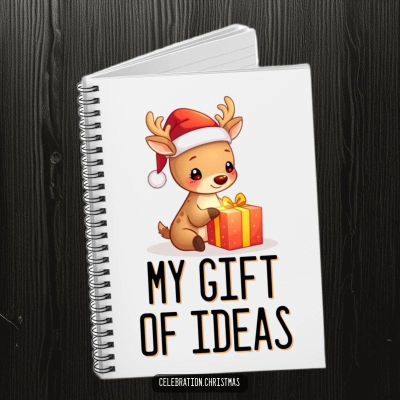 Funny notebook with a cute deer in a Santa hat unwrapping a glowing gift, perfect for journaling holiday memories and ideas.